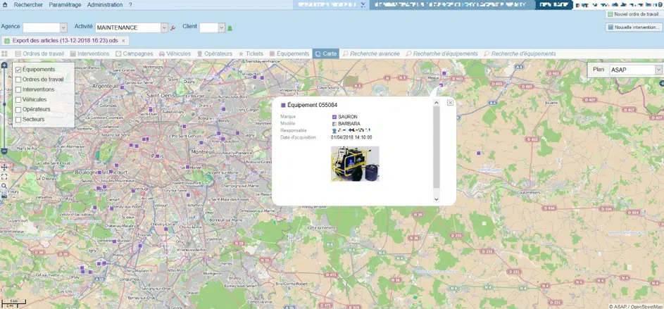 OMOGEN interventions, capture d'écran de l'application web montrant du matériel géolocalisé sur la carte
